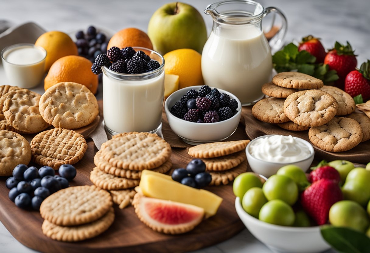 Uma variedade colorida de ingredientes sem laticínios dispostos em uma bancada de cozinha, incluindo biscoitos sem glúten, leite de coco e frutas frescas para uma famosa receita de pavé sem lactose.