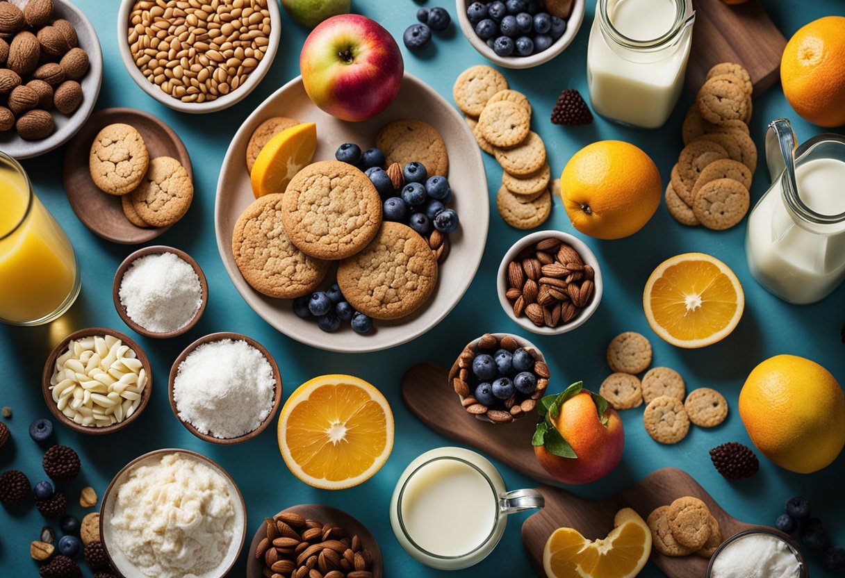 Uma variedade colorida de ingredientes sem laticínios dispostos em uma bancada de cozinha, incluindo biscoitos sem laticínios, leite de coco e frutas frescas.
