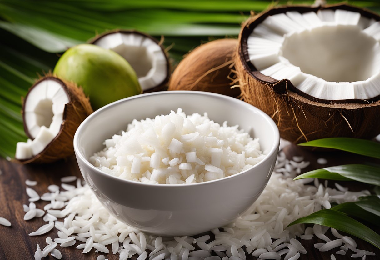 Uma tigela cheia de leite de coco, leite de coco condensado e coco ralado, rodeada por vagens de baunilha e pequenos recipientes de açúcar e flocos de coco