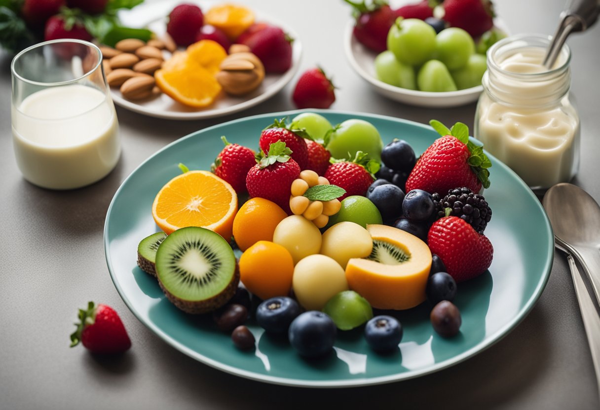 Uma colorida variedade de frutas e vegetais frescos ao redor de um prato de doces "beijinho" sem leite, com um copo de leite de amêndoas ao lado.