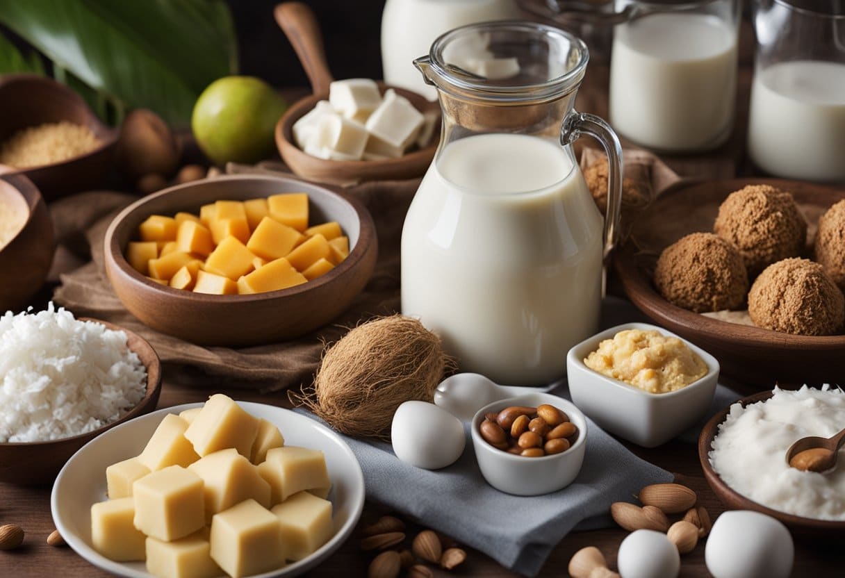 Uma mesa coberta com uma variedade de ingredientes e utensílios sem laticínios, com uma panela de leite de coco fervendo no fogão para fazer doces 'Beijinho' sem lactose.