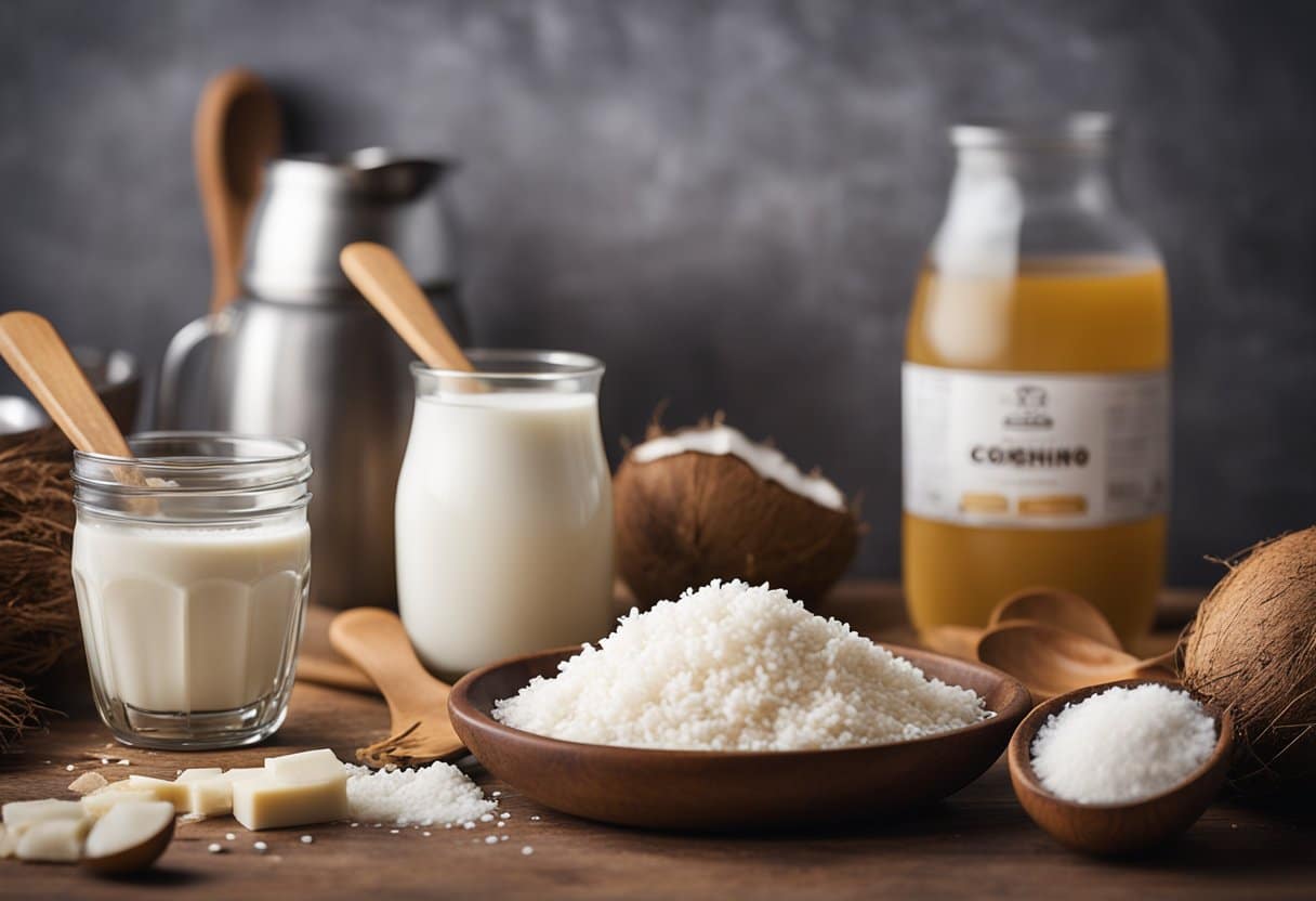 Uma bancada de cozinha com ingredientes para Beijinho sem lactose, incluindo leite de coco e leite condensado de coco, cercada por colheres medidoras e uma tigela de mistura.