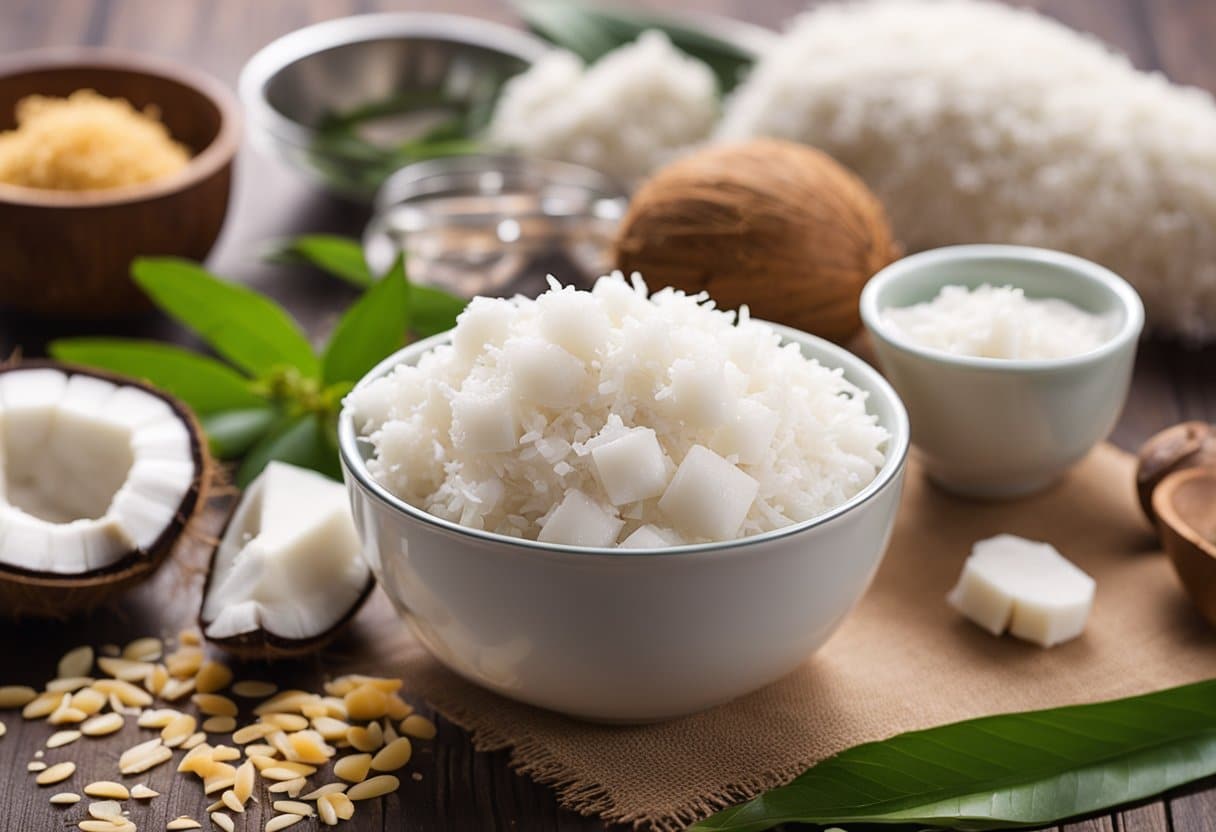 Uma mesa com ingredientes como coco, leite condensado de coco e coco ralado para fazer doces de "beijinho" sem lactose.