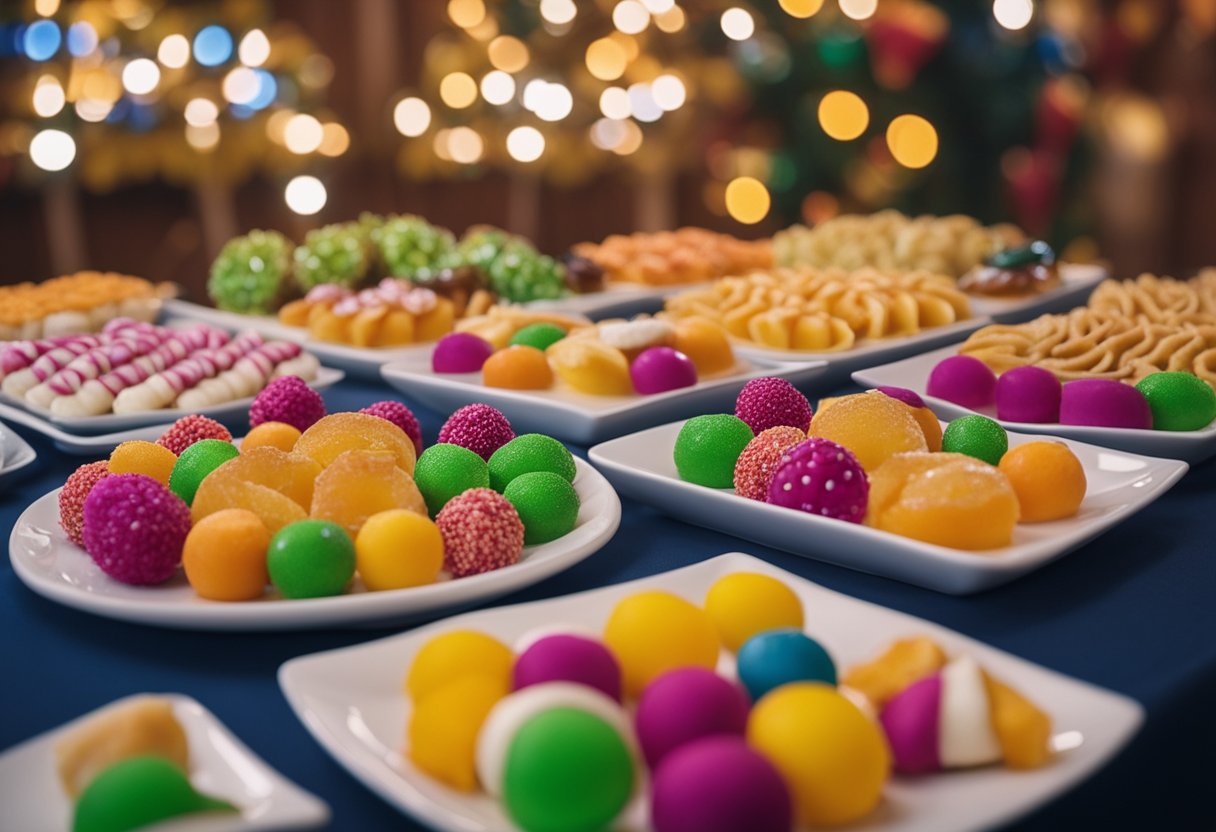 Uma mesa festiva com decorações coloridas e uma variedade de doces 'beijinho' sem lactose dispostos em travessas.