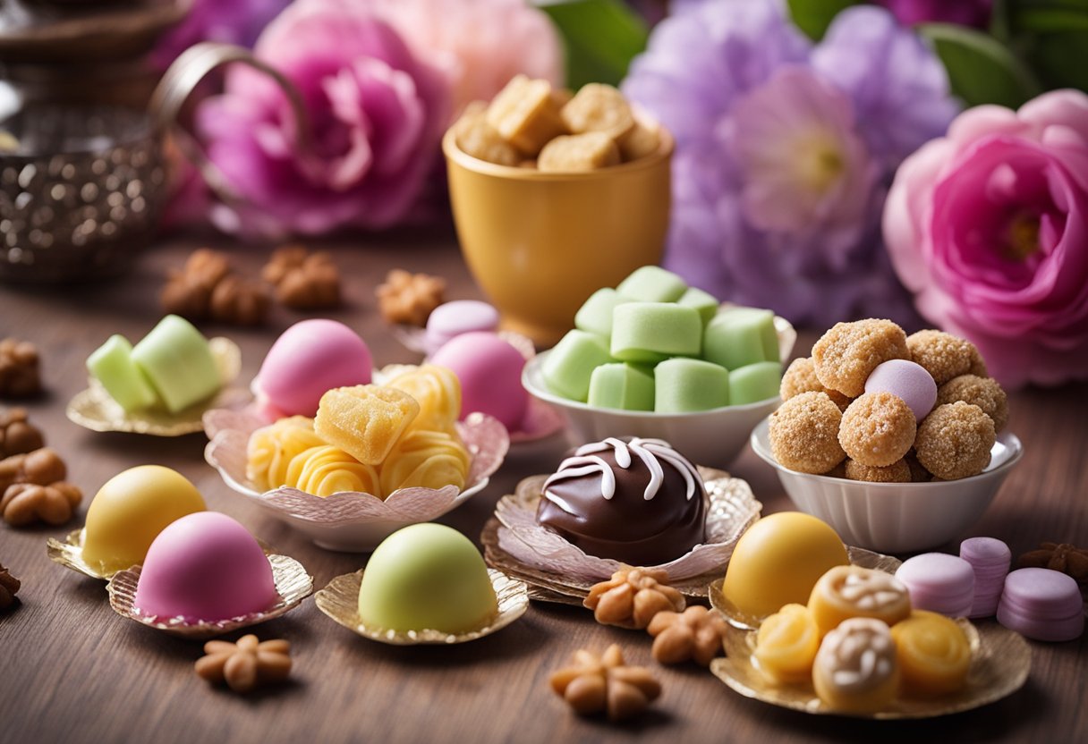Uma mesa com uma variedade de doces beijinho sem lactose e elementos decorativos como flores e fitas