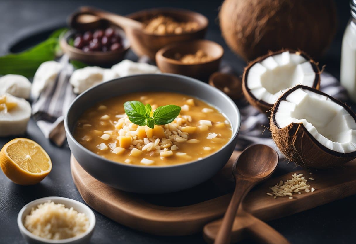 Uma receita de manjar de coco sendo preparada com ingredientes sem laticínios em uma cozinha moderna