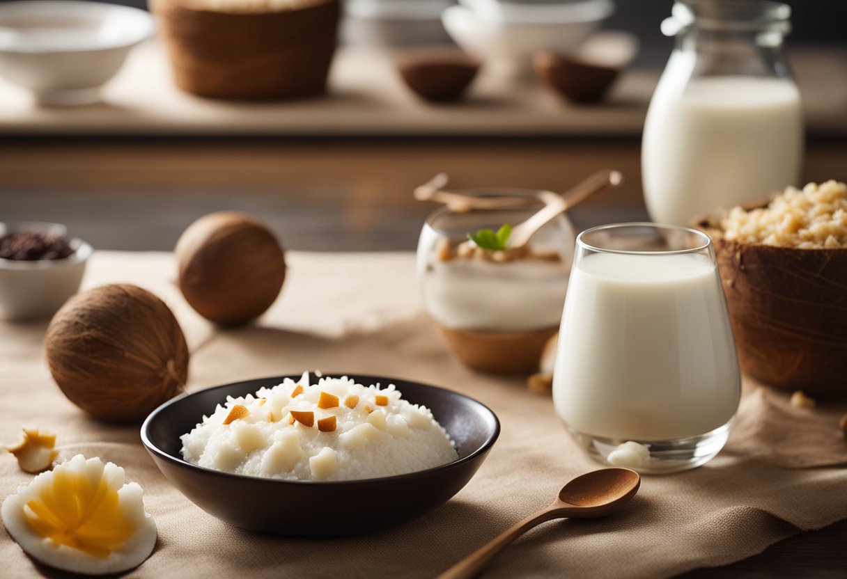 Uma sobremesa de manjar de coco sendo preparada sem lactose, com ingredientes e utensílios em uma bancada de cozinha limpa.