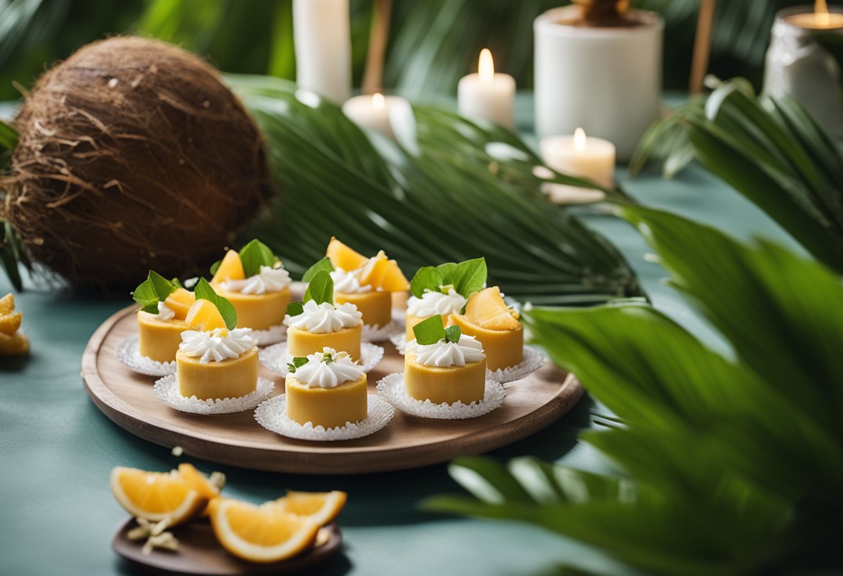 Uma mesa posta com uma sobremesa de coco cercada por folhagens tropicais e elementos decorativos