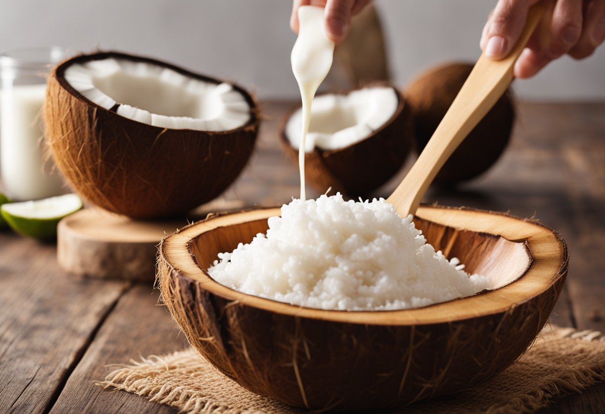 Um coco sendo transformado em leite de coco sem lactose, com uma tigela de manjar de coco cremoso sendo feita sem lactose.