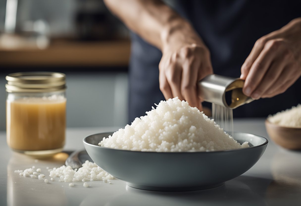 Um coco sendo ralado em uma tigela, com uma lata de leite de coco e pó de agar-agar na bancada
