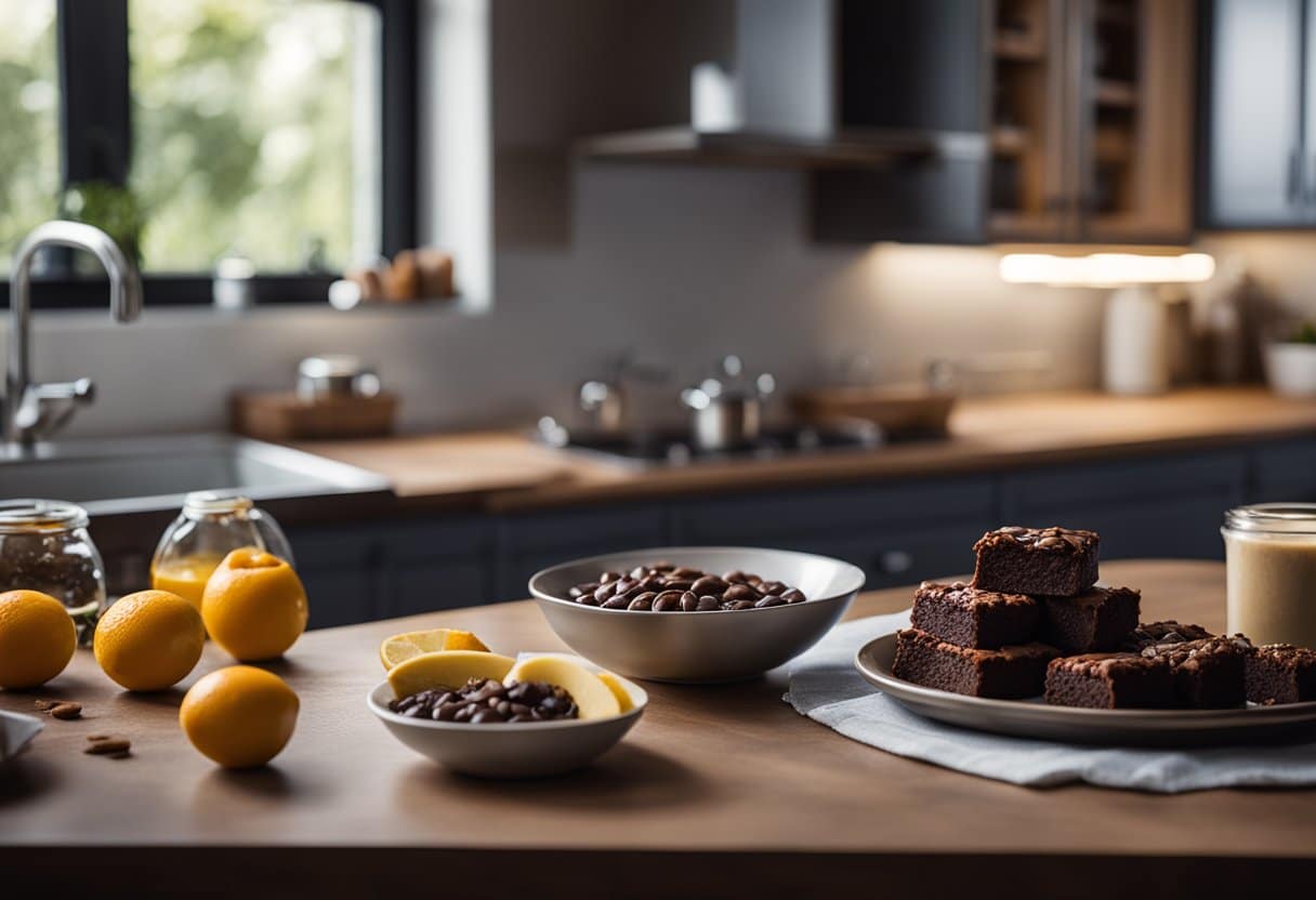 Uma bancada de cozinha com ingredientes para brownies sem lactose e uma tigela de mistura, prontos para serem preparados