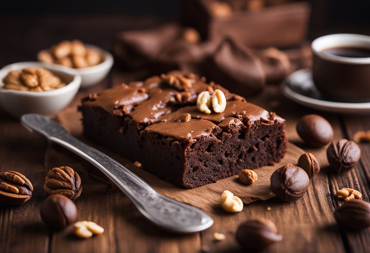 Um brownie decadente e fudgy repousa sobre uma mesa de madeira rústica, cercado por cacau em pó espalhado e algumas nozes dispersas.
