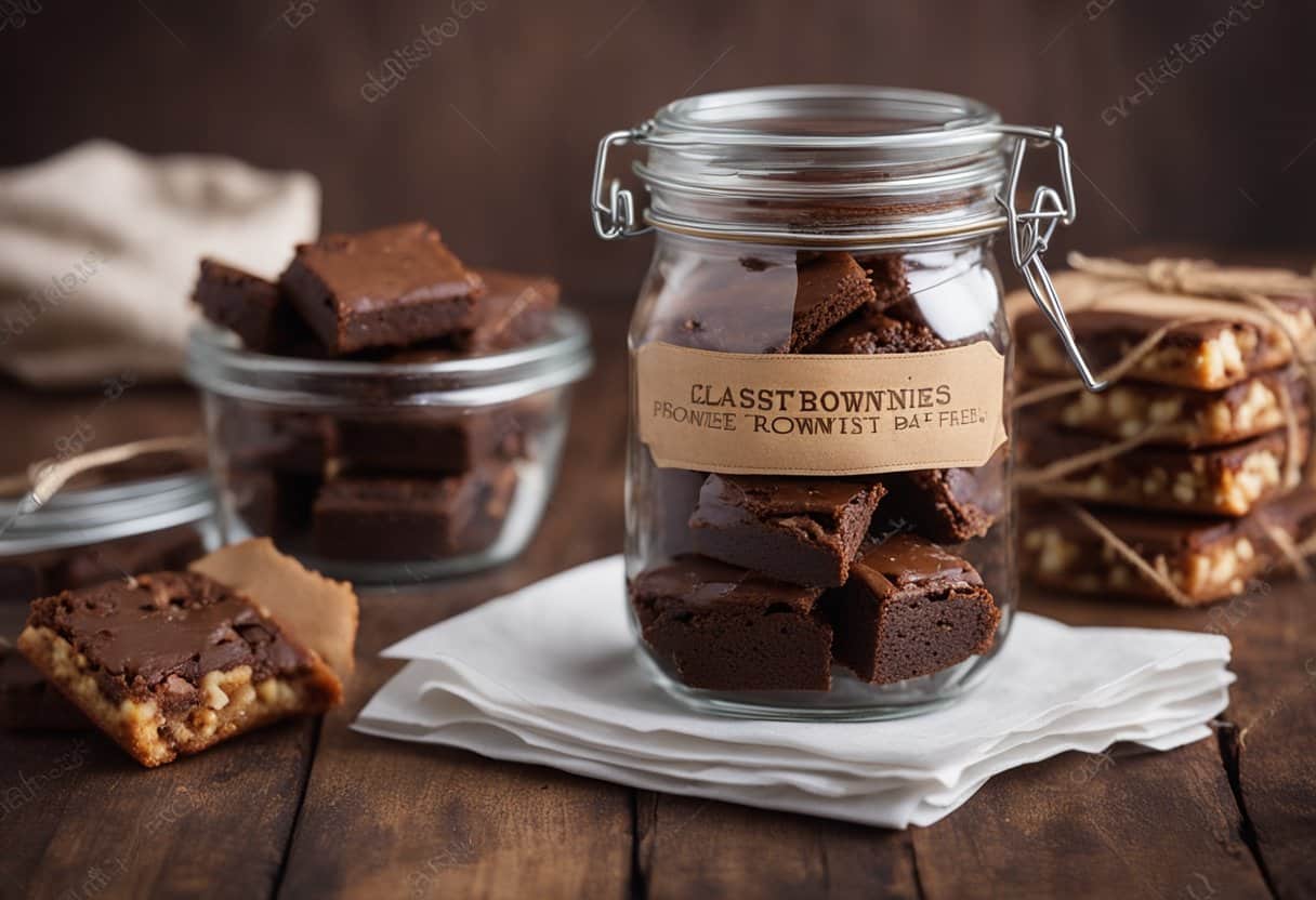 Um pote de vidro cheio de brownies sem lactose recém-assados, selado com um rótulo de papel rústico e corda
