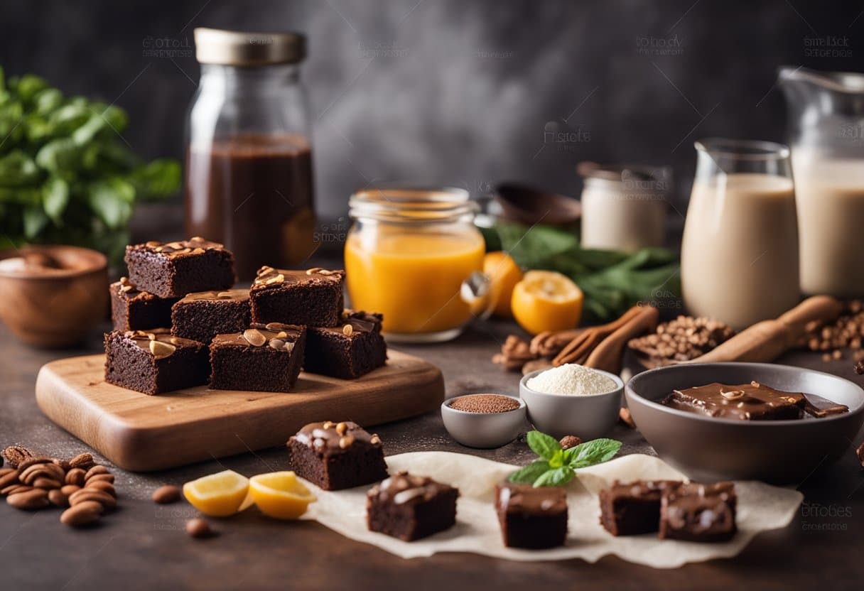 Uma bancada de cozinha com uma variedade de ingredientes e utensílios para fazer brownies sem lactose