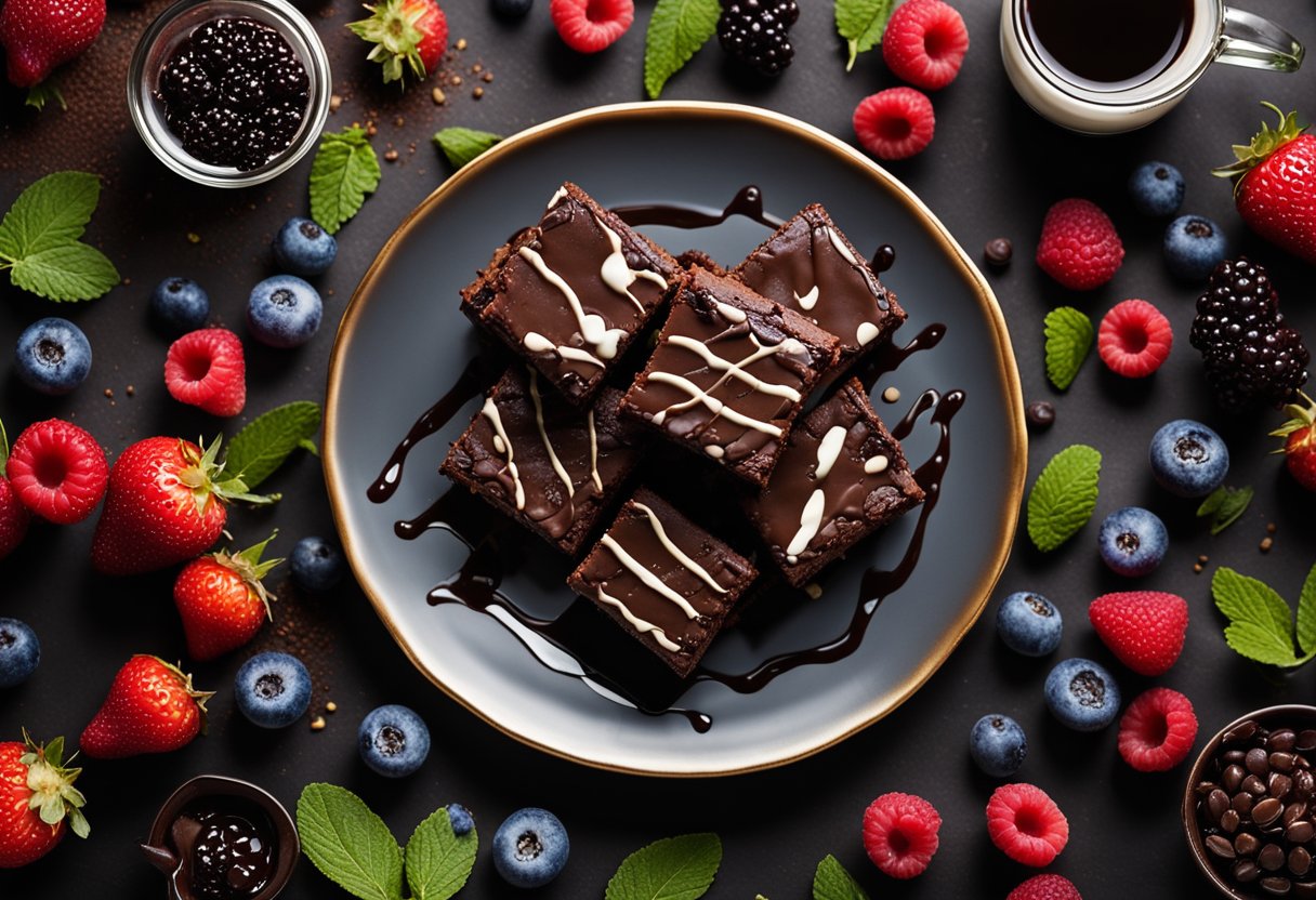 Um prato delicioso de brownies sem laticínios, cercado por uma mistura de frutas vermelhas frescas e um fio de molho de chocolate