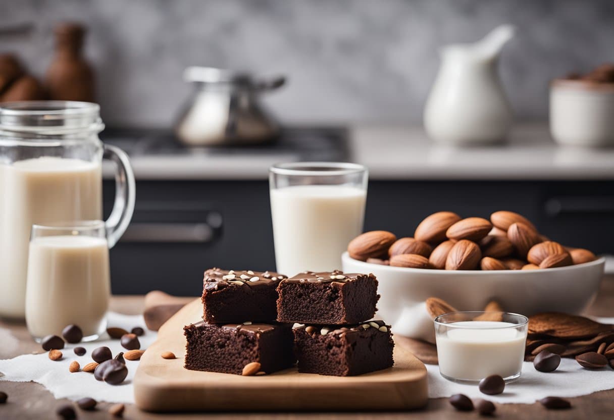 Uma bancada de cozinha com ingredientes para brownies sem lactose: cacau em pó, leite de amêndoas, óleo de coco, farinha sem glúten e gotas de chocolate sem leite.