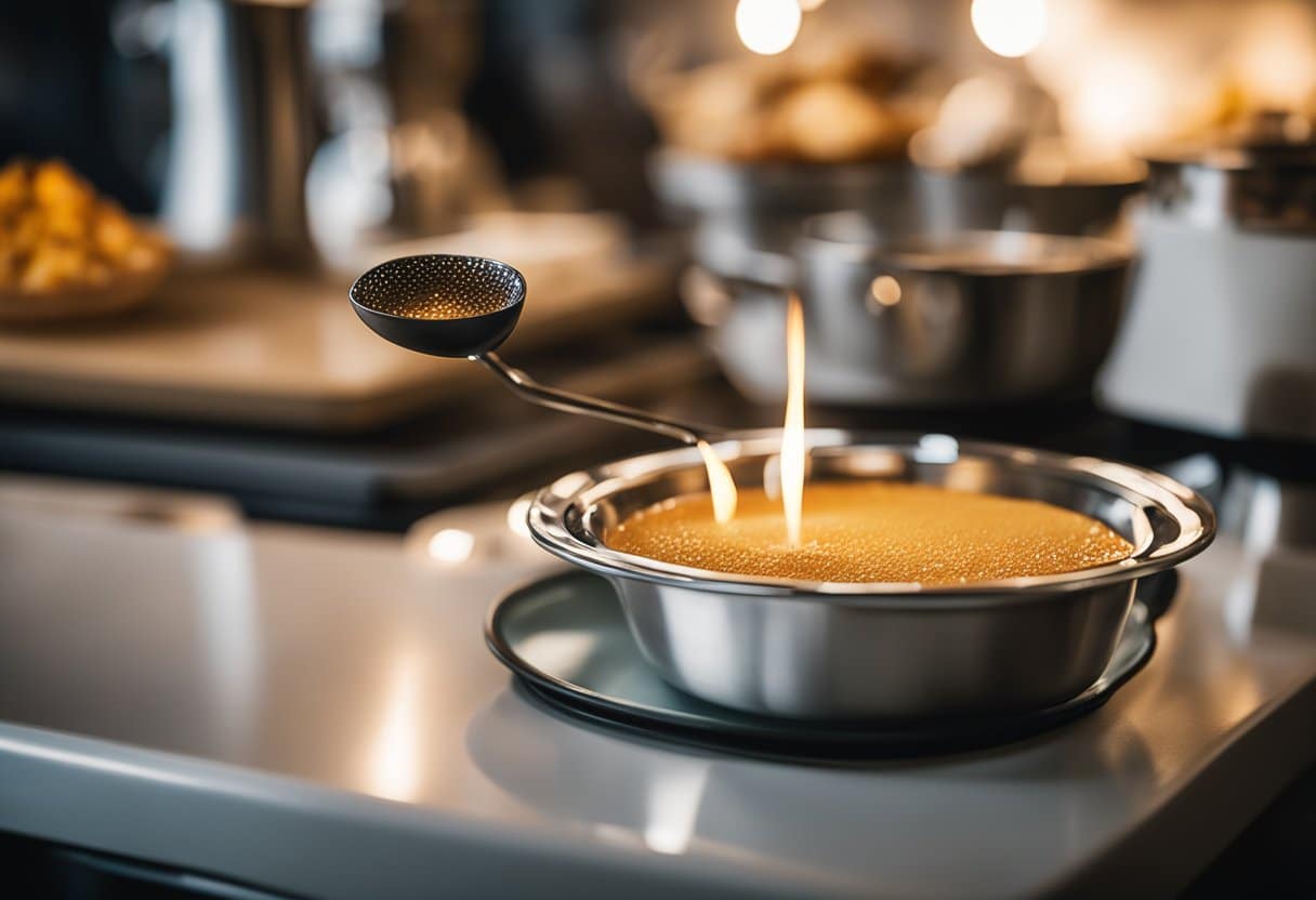Uma bancada de cozinha com um maçarico, ramequins de creme brûlée sem laticínios e uma tigela de açúcar