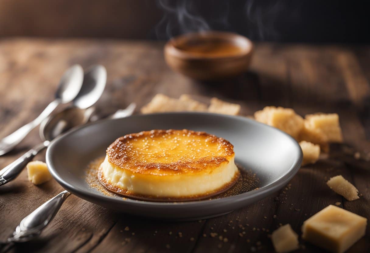 Um delicado creme brûlée, sem lactose, repousa sobre uma mesa rústica de madeira com uma crosta de açúcar caramelizado.