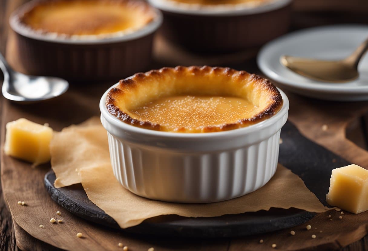 Um ramequim cheio de creme brûlée sem laticínios, coberto com uma crosta de açúcar caramelizado, sentado em uma mesa rústica de madeira