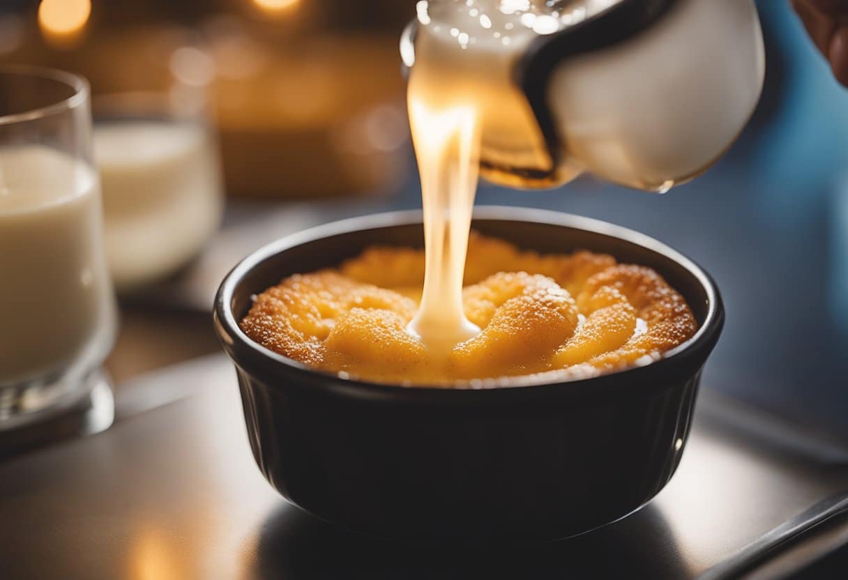 Um pequeno maçarico caramelizando o açúcar em cima de um crème brûlée sem laticínios em um ramequim