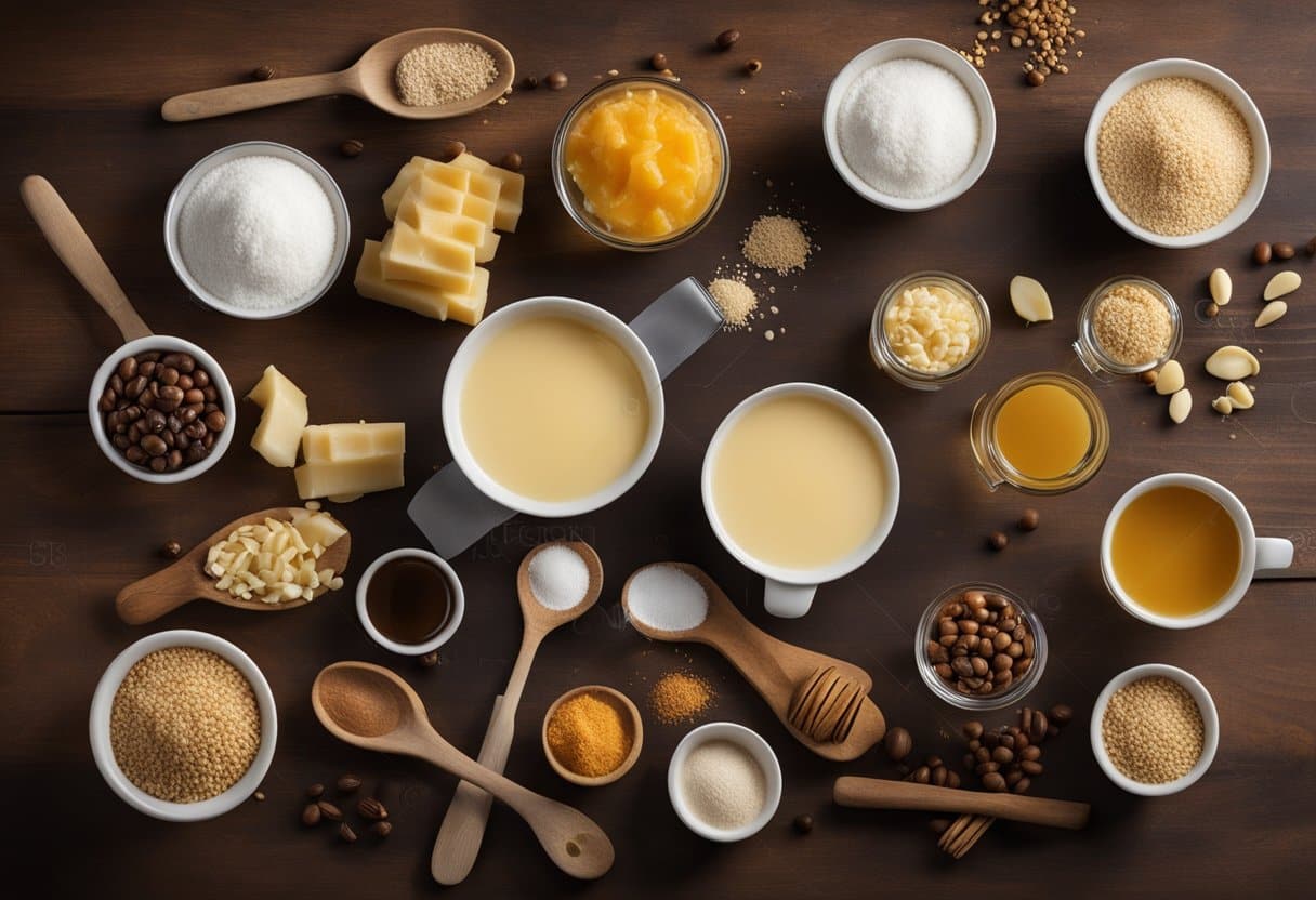 Uma bancada de cozinha com um conjunto de ingredientes e utensílios dispostos para fazer um creme brûlée perfeito sem lactose.