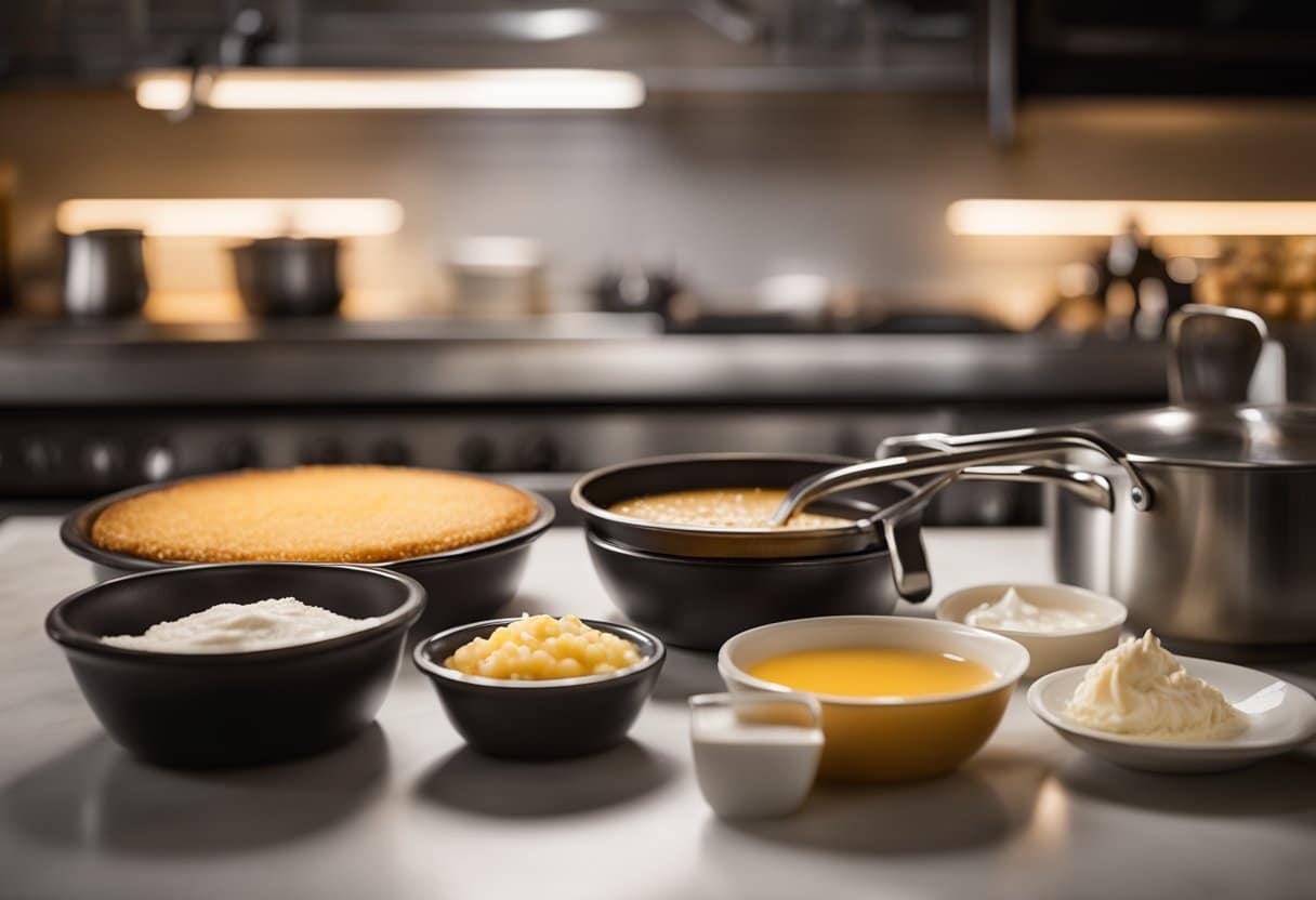 Uma bancada de cozinha com ingredientes para creme brûlée sem lactose, incluindo creme sem laticínios, favas de baunilha, açúcar e um maçarico para caramelizar o topo.