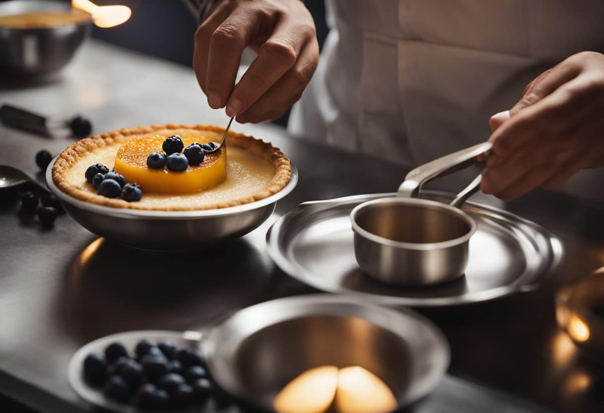 Um chef cuidadosamente tosta o topo de um creme brûlée sem leite, criando uma crosta caramelizada. A sobremesa cremosa repousa sobre uma mesa rústica, cercada por vagens de baunilha e frutas vermelhas frescas.