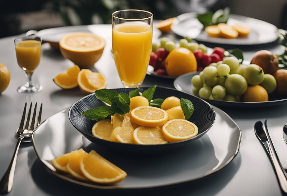 Uma mesa posta com um quindim dourado em um prato, cercado por frutas frescas e um copo de suco