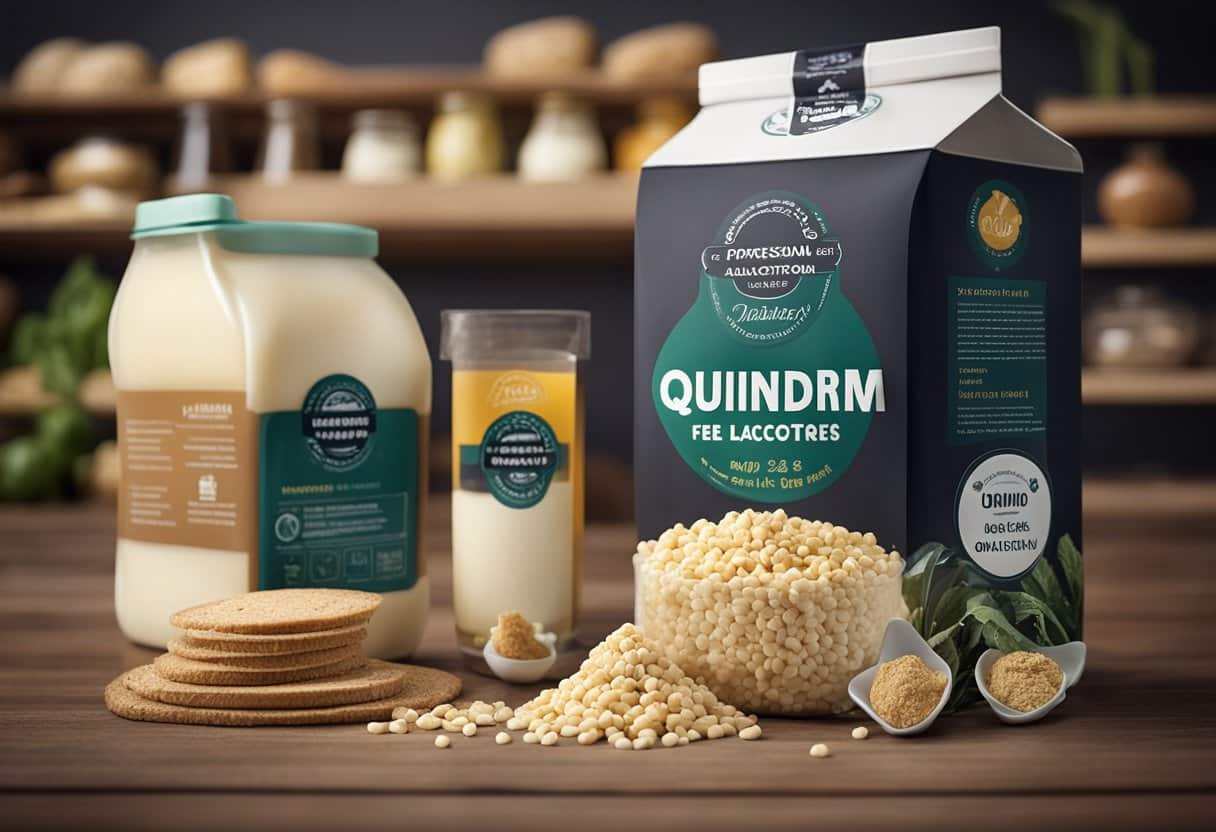 Uma exibição colorida de quindim sem leite e ingredientes, com um destacado rótulo "Sem Lactose"