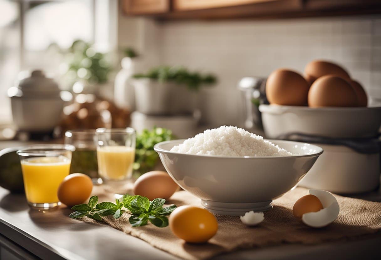 Uma cozinha ensolarada com uma tigela de mistura e ingredientes para Quindim, incluindo ovos, coco e açúcar.