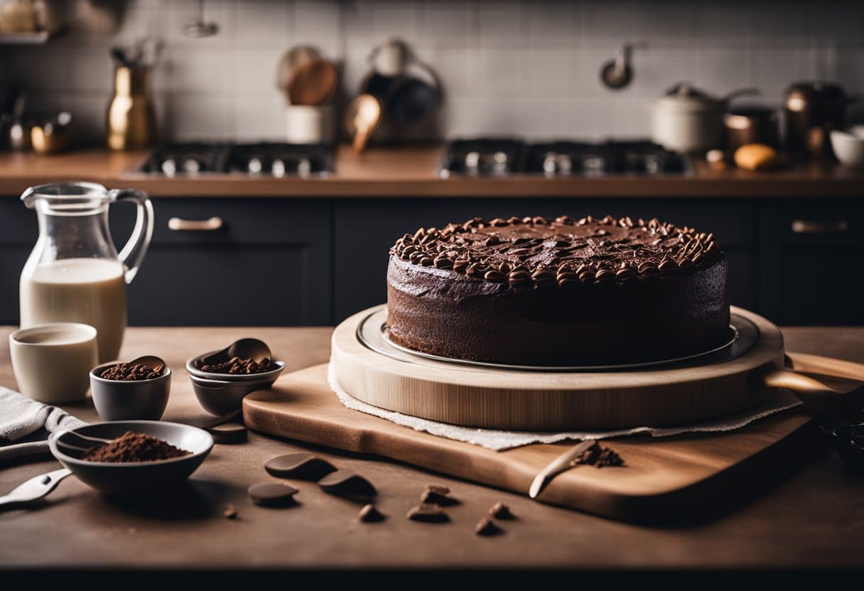Um bolo de chocolate sendo assado com ingredientes não lácteos, cercado por vários ingredientes e utensílios sem lactose em uma bancada de cozinha.