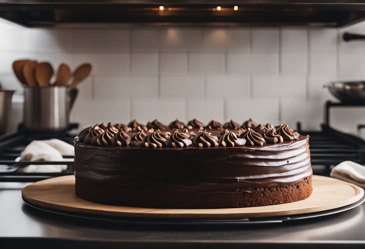Um bolo de chocolate sendo assado em um forno, com ingredientes e utensílios sem laticínios dispostos em uma bancada de cozinha limpa.