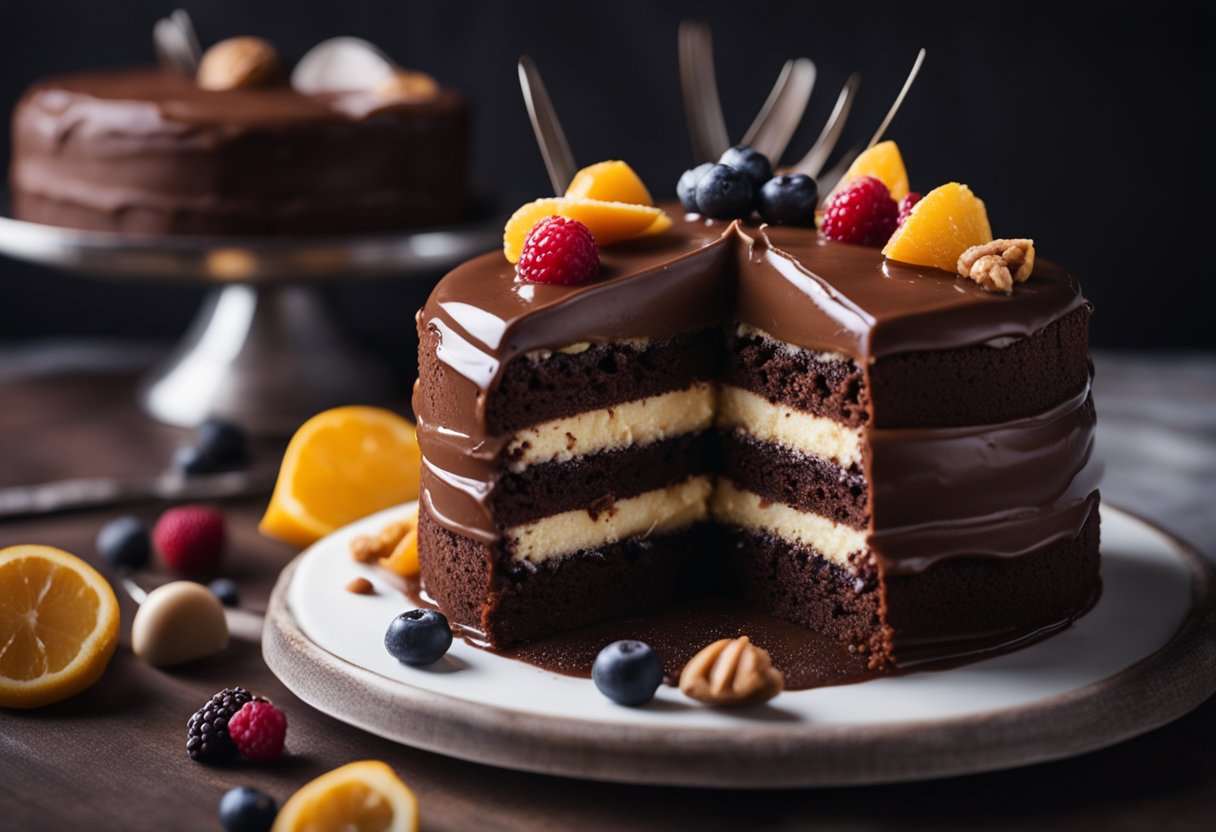 Um bolo de chocolate sendo decorado com coberturas e recheios sem laticínios.