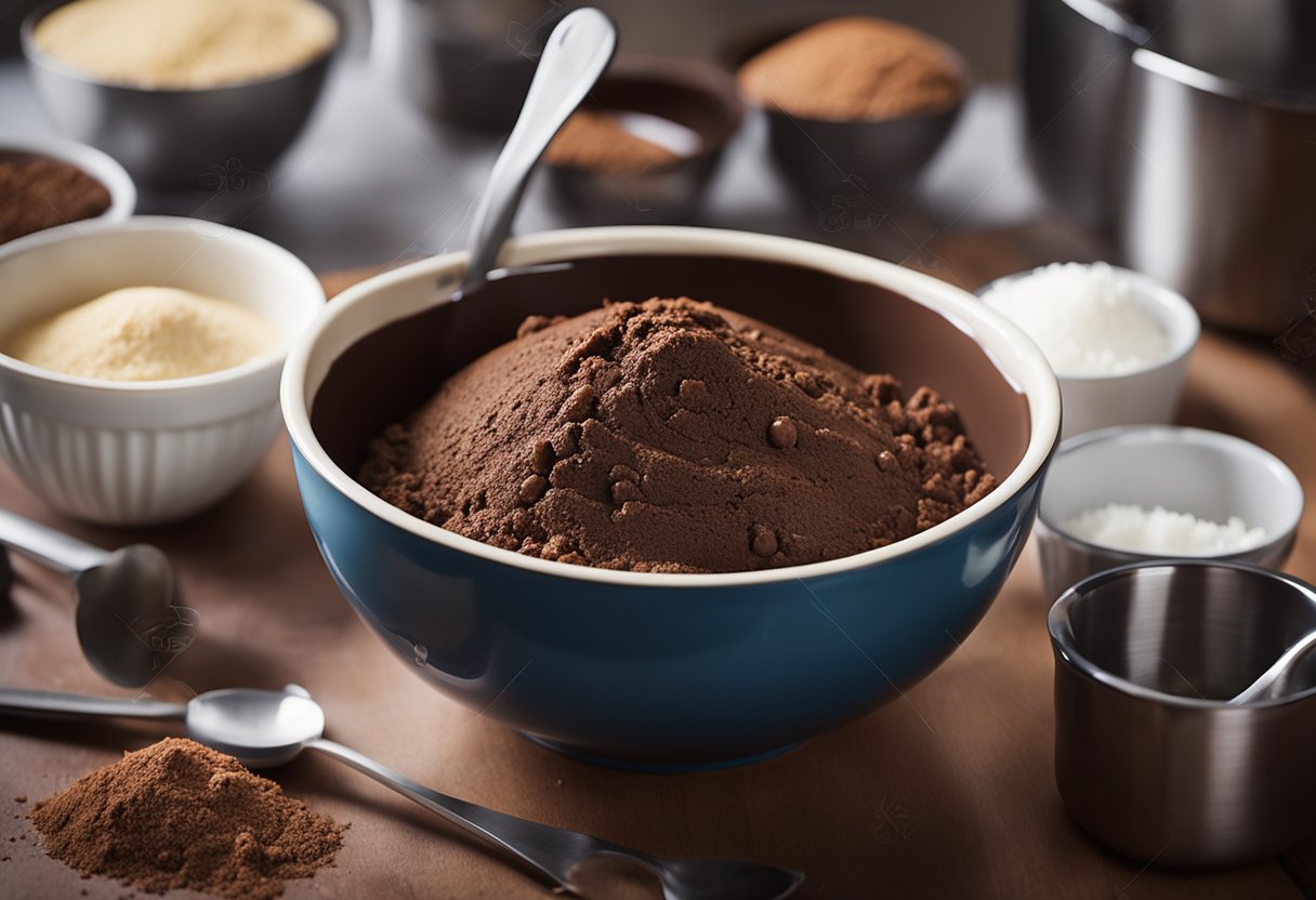 Uma tigela de mistura cheia de ingredientes para massa de bolo de chocolate sem lactose, cercada por copos e colheres de medição em uma bancada de cozinha.