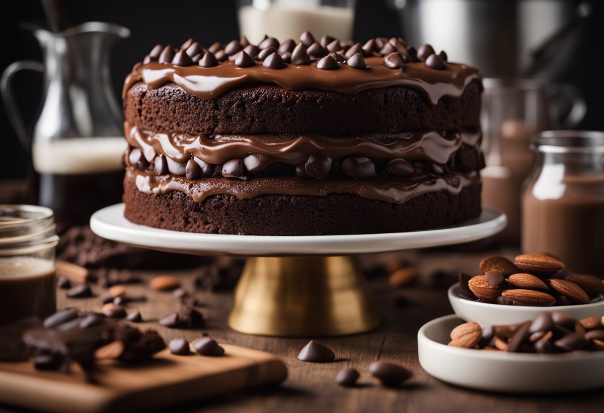 Um bolo de chocolate sendo feito com ingredientes sem laticínios, como leite de amêndoas, óleo de coco e gotas de chocolate sem leite.