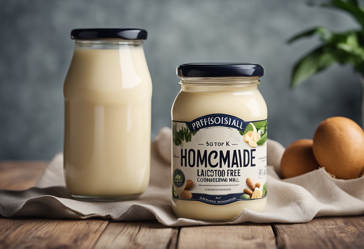 Um pote de leite condensado caseiro sem lactose cercado por ingredientes frescos sem laticínios