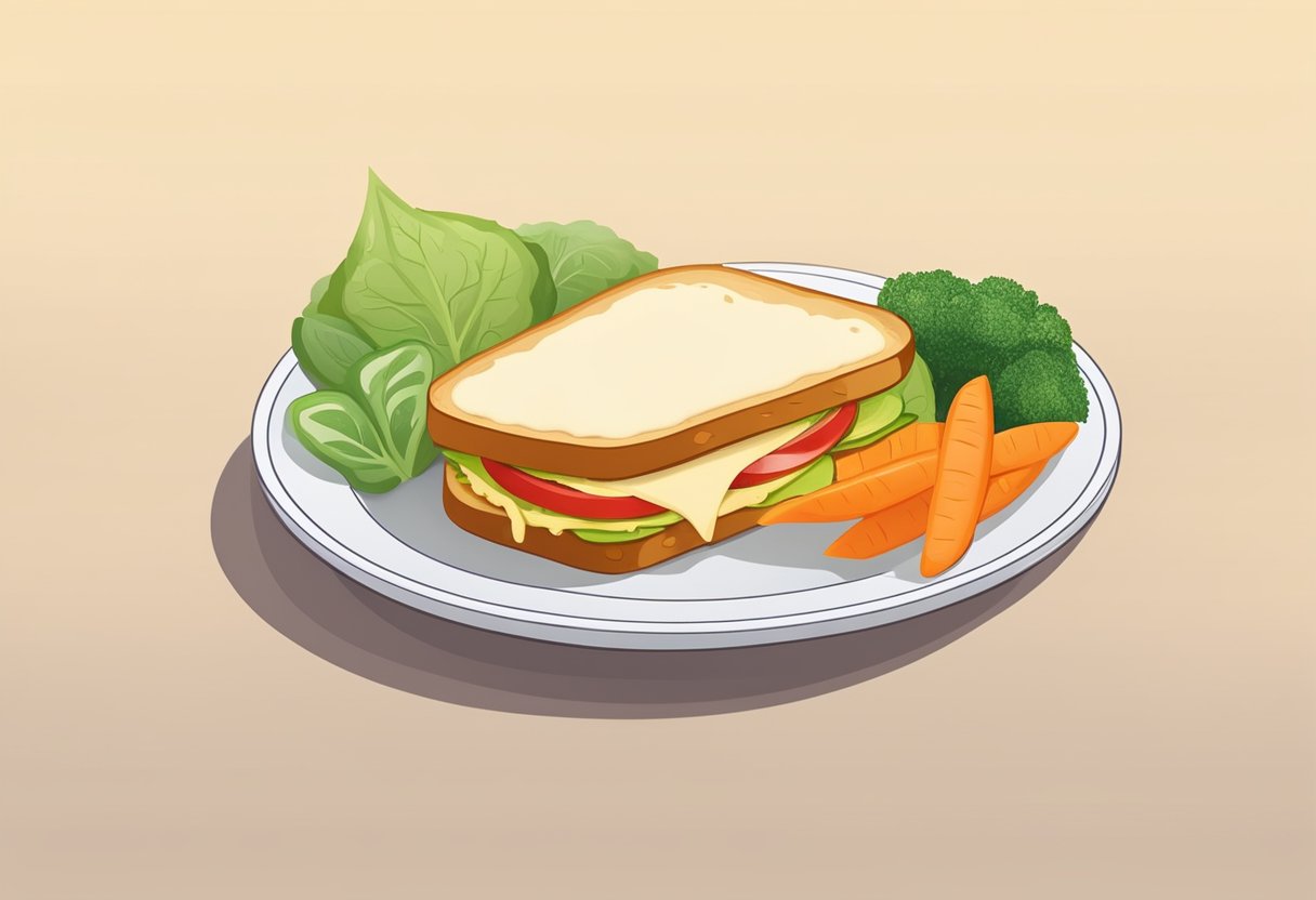 Um sanduíche de queijo vegano e sem lactose em um prato com um acompanhamento de vegetais frescos