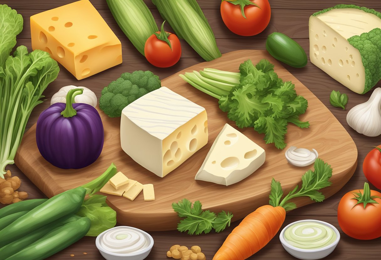 Uma variedade de vegetais frescos e queijo sem lactose dispostos em uma tábua de madeira