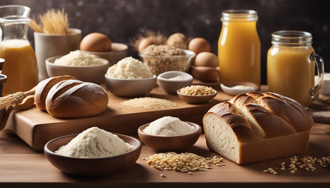 Uma bancada de cozinha com ingredientes e utensílios para pão sem glúten e sem lactose arranjados para uma ilustração de receita.