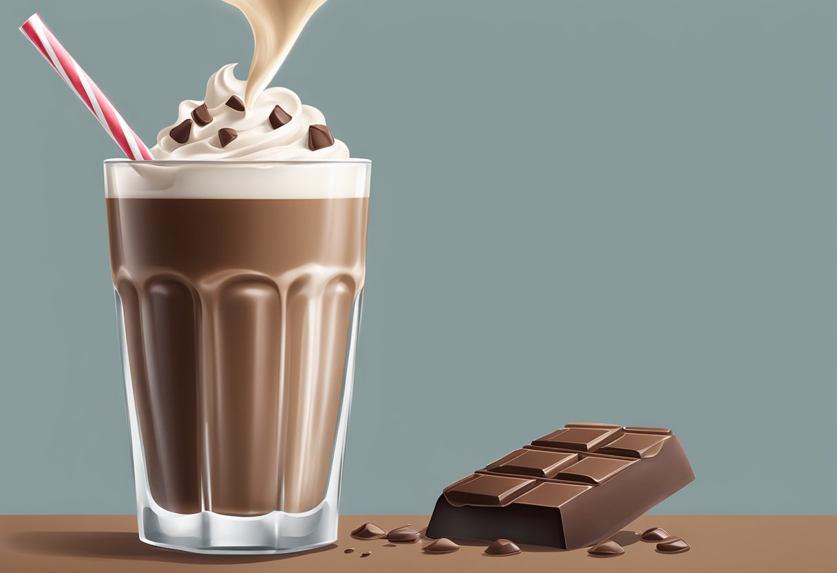 Um milkshake de chocolate sendo despejado em um copo alto com uma alternativa de leite não lácteo