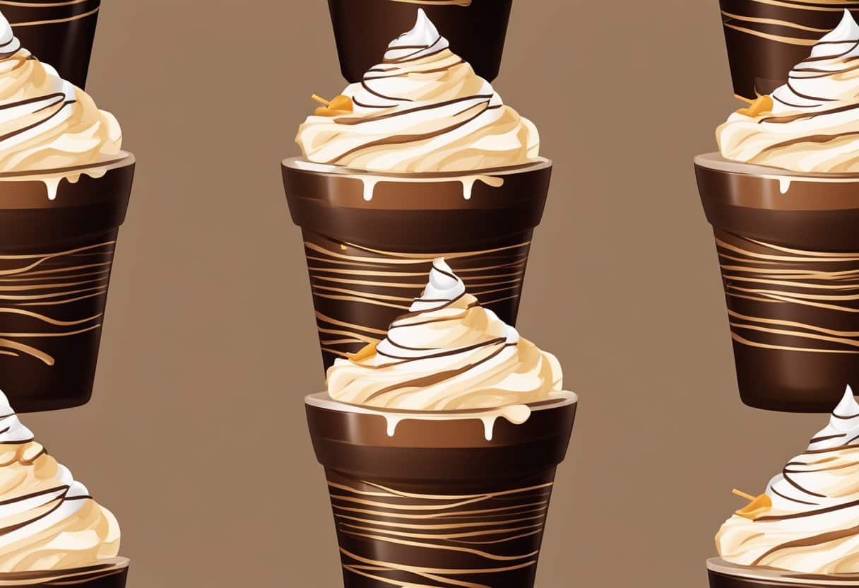 Um copo alto cheio de milkshake de chocolate cremoso, coberto com chantilly e um fio de calda de chocolate, rodeado por raspas de chocolate e um canudo colorido.