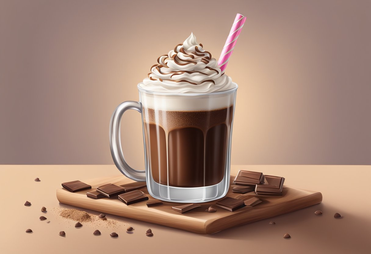 Um copo alto cheio de um rico e cremoso milkshake de chocolate, coberto com uma colherada de chantilly não lácteo e uma pitada de cacau em pó.