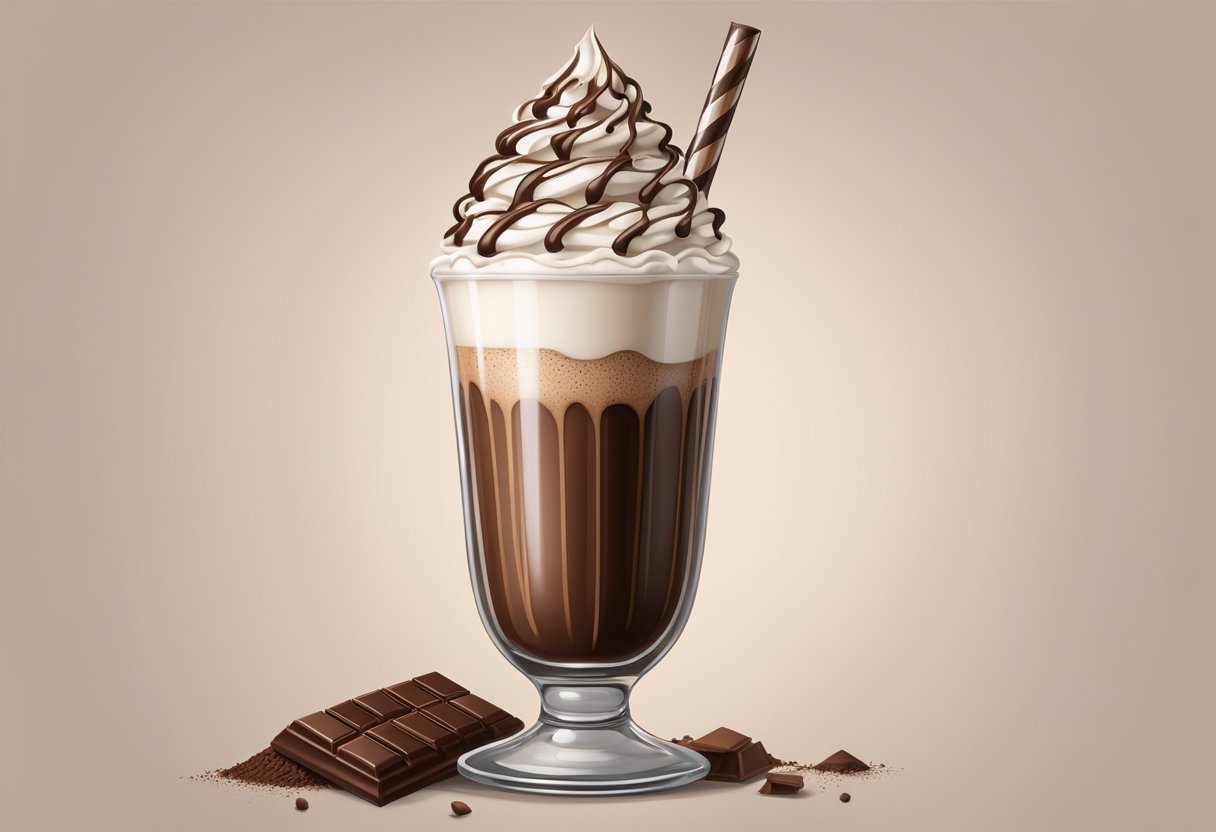 Um copo alto cheio de milkshake de chocolate sem laticínios, coberto com chantilly e um fio de calda de chocolate, cercado por cacau em pó e raspas de chocolate