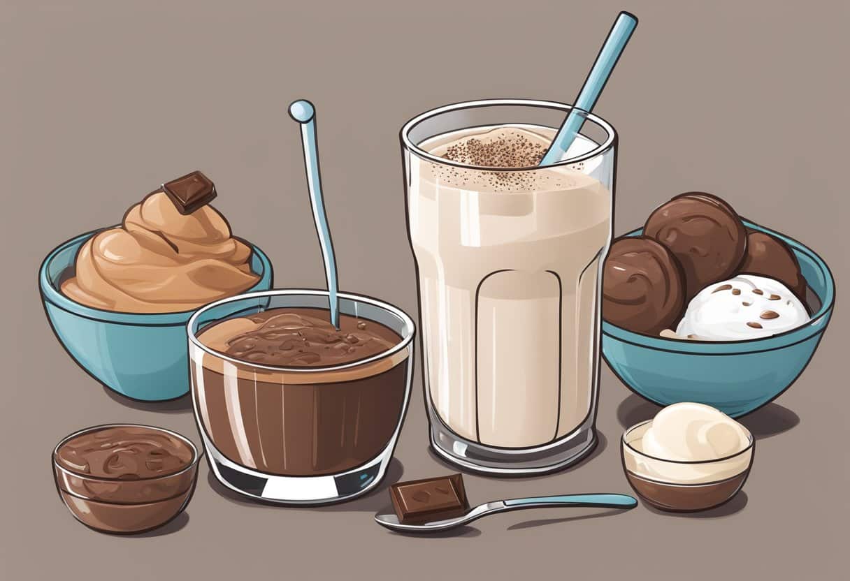 Um liquidificador cercado por leite de chocolate sem laticínios, sorvete e um copo medidor de leite não lácteo, com uma colher e um copo próximo.