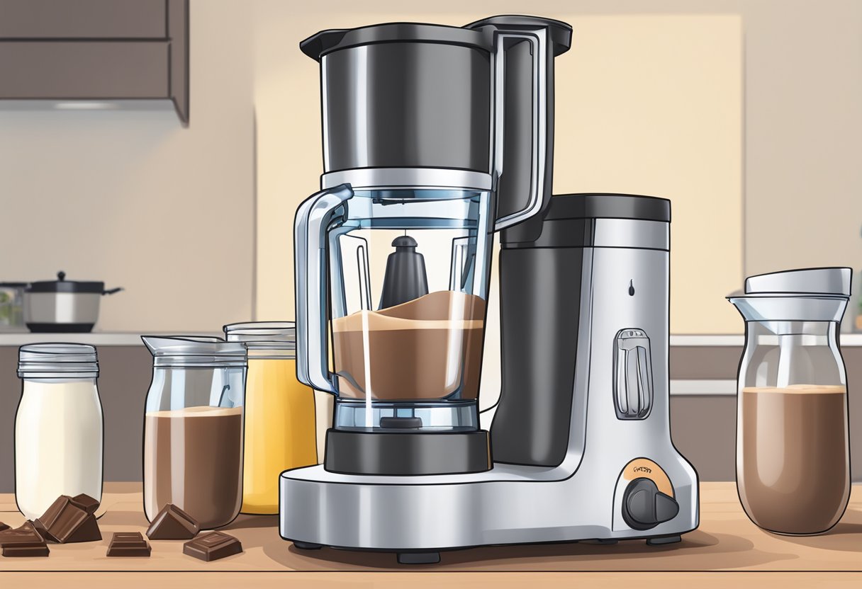 Um liquidificador cheio de ingredientes para milkshake de chocolate sem lactose sendo misturados