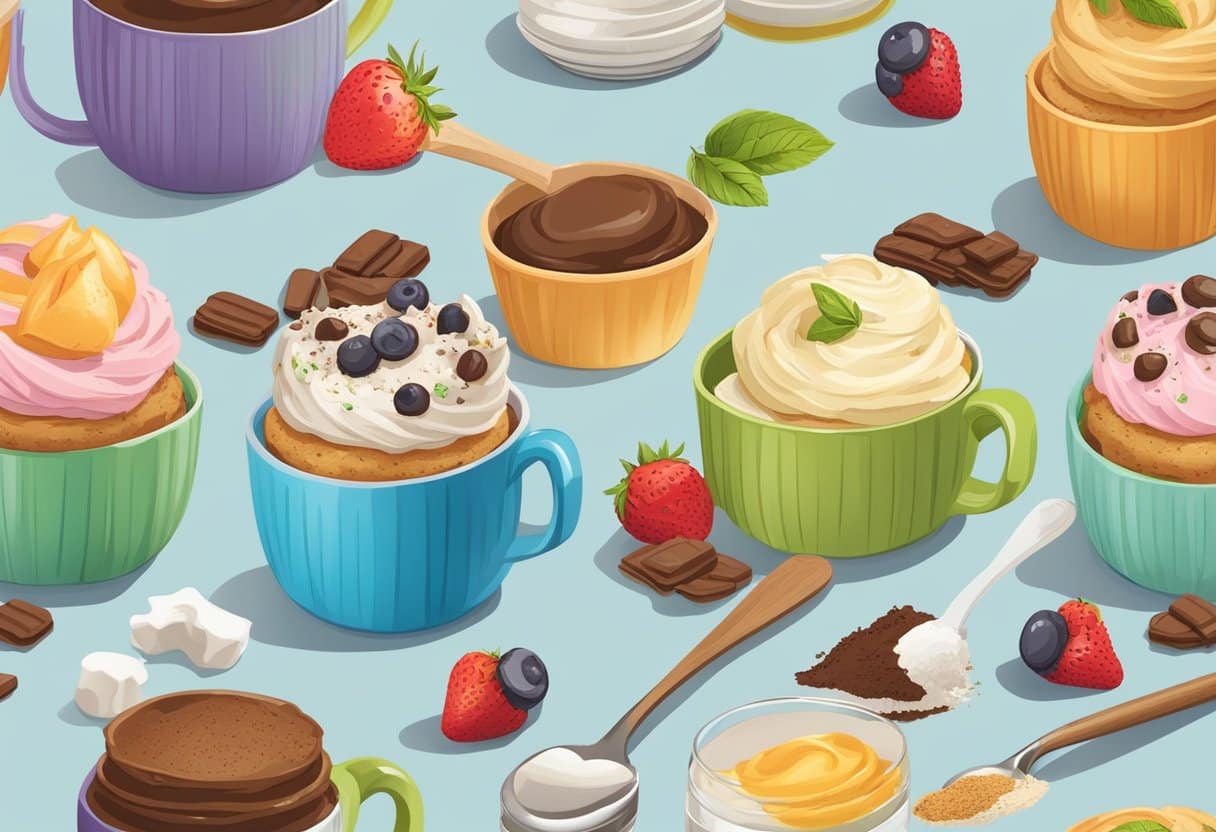 Uma variedade colorida de bolos de caneca sem laticínios com vários sabores, rodeados por ingredientes frescos e utensílios de cozinha