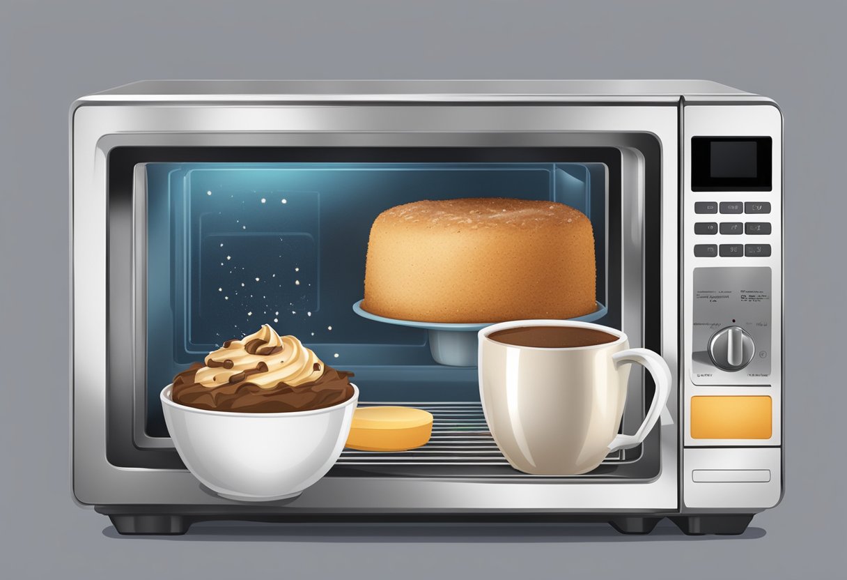 Um micro-ondas com um bolo de caneca no vapor, ingredientes sem laticínios ao redor