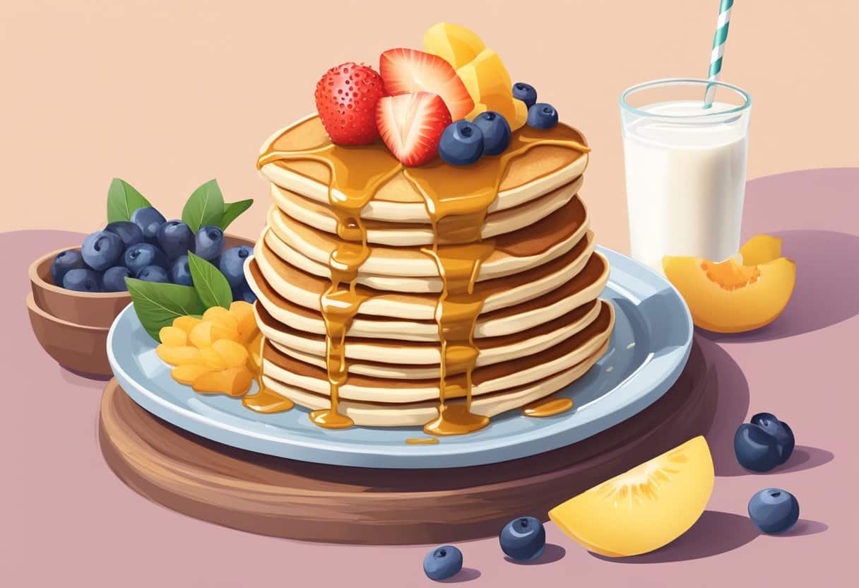 Uma pilha de panquecas fofas e douradas cobertas com frutas frescas e regadas com xarope sem lactose, acompanhadas de um copo de leite de amêndoas.