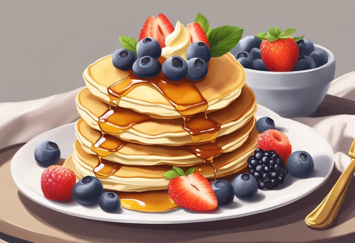 Uma pilha de panquecas fofas e douradas cobertas com frutas frescas e regadas com xarope, servidas em um prato com uma colherada de chantilly sem laticínios.