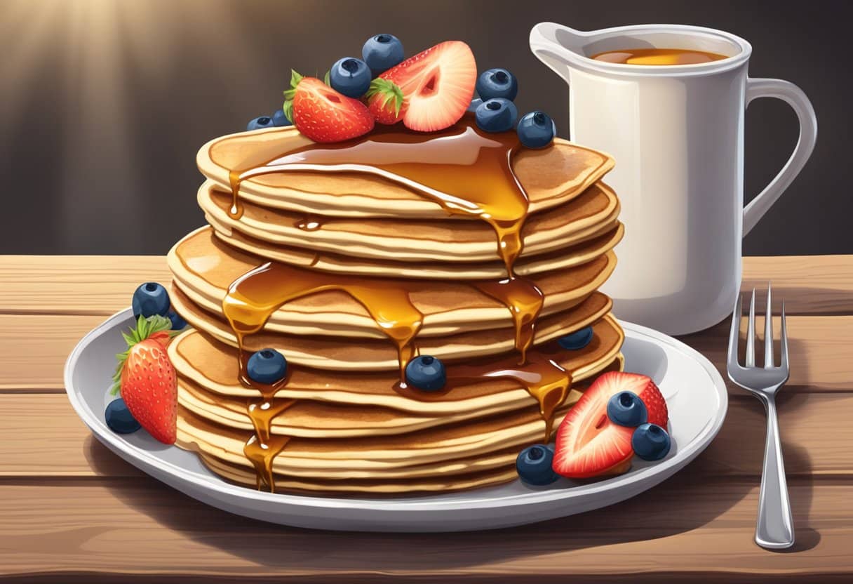 Uma pilha de panquecas americanas sem lactose, fofas e douradas, cobertas com frutas frescas e regadas com xarope em uma mesa de madeira rústica.
